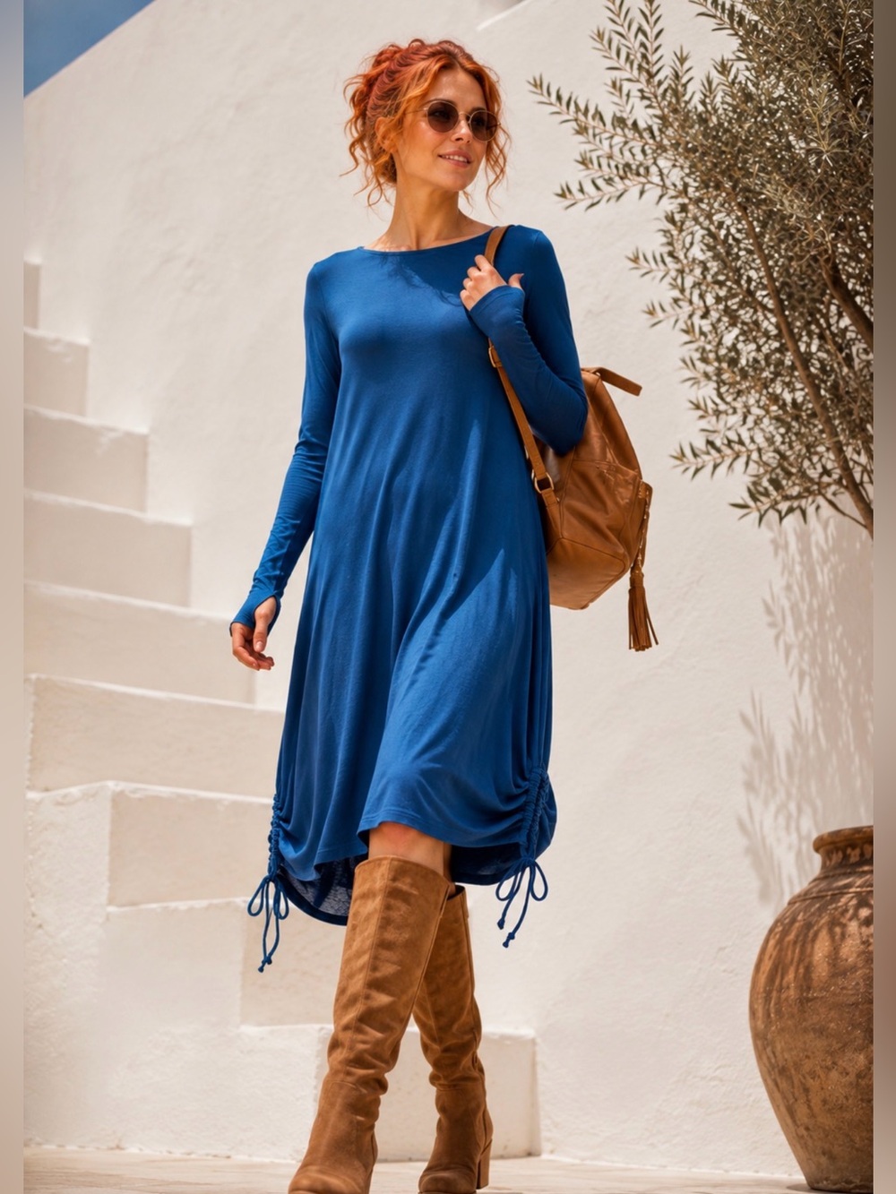 Blue Cotton Jersey Midi Dress Ruched Drawstring Boho Long Sleeve A-line Fits S M